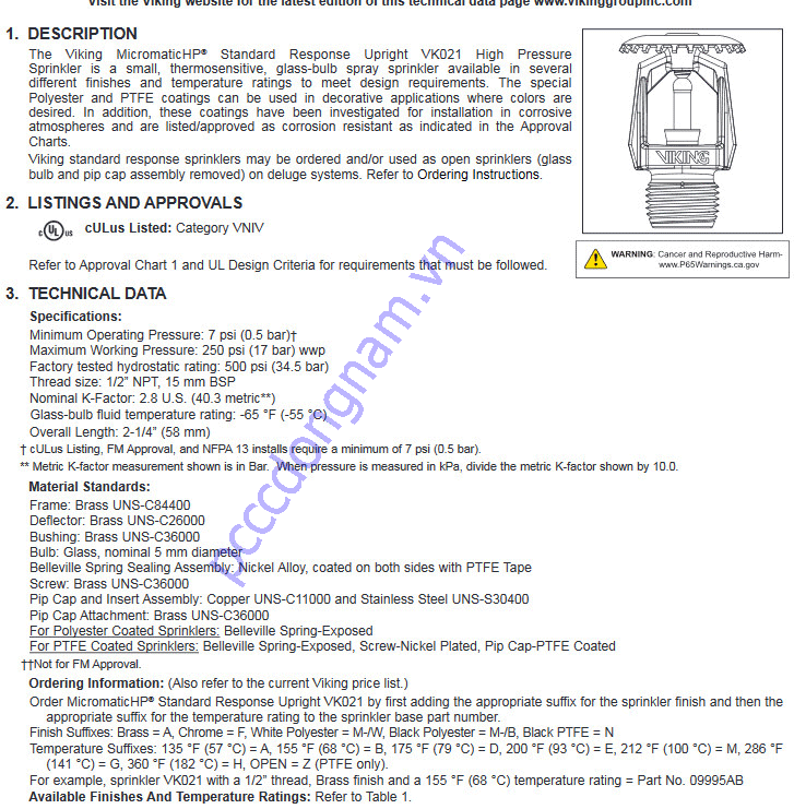 Đầu Phun Viking hướng lên VK021
