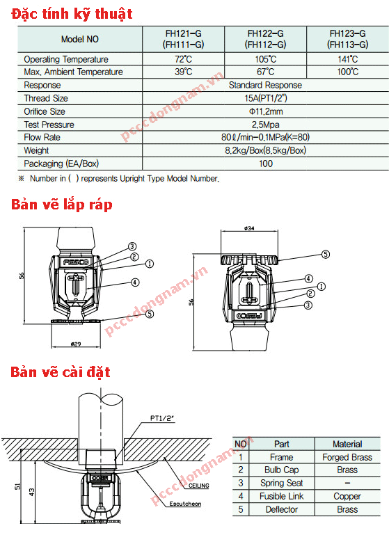 Đầu phun Sprinkler FH121-G (FH111-G) Fusible