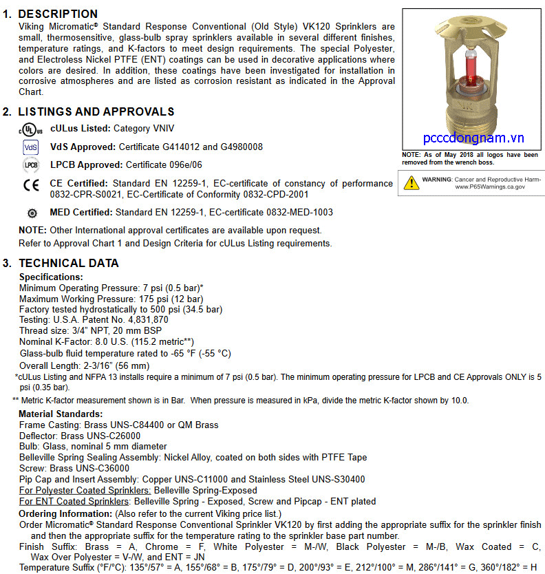 Đầu phun Sprinkler VK120 thông thường chuẩn Micromatic (K8.0)