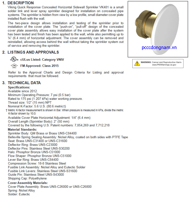 Đầu phun Sprinkler Viking quay ngang che giấu VK481