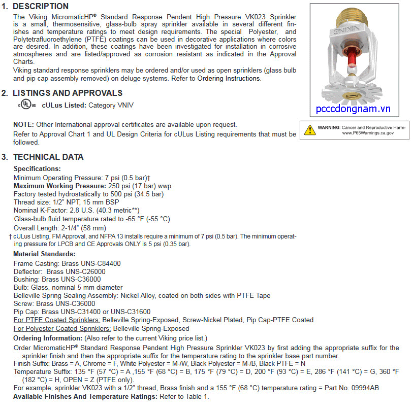 Đầu phun Viking VK023 phản ứng tiêu chuẩn áp suất cao