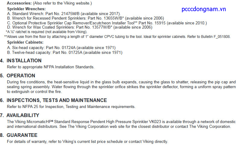 Đầu phun Viking VK023 phản ứng tiêu chuẩn áp suất cao