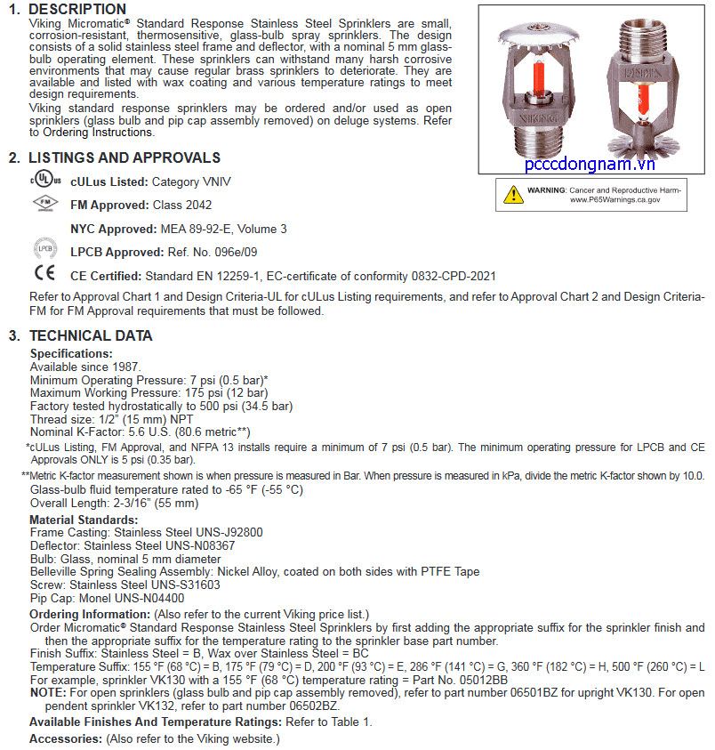 Đầu phun Viking VK130,VK132 làm bằng thép không gỉ