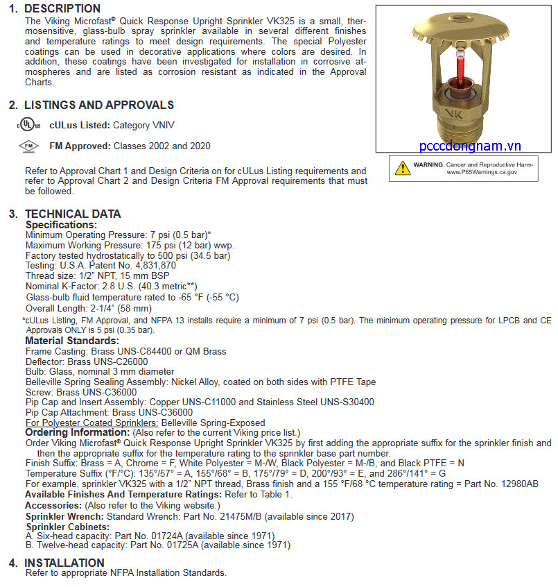 Đầu phun chữa cháy Viking VK325