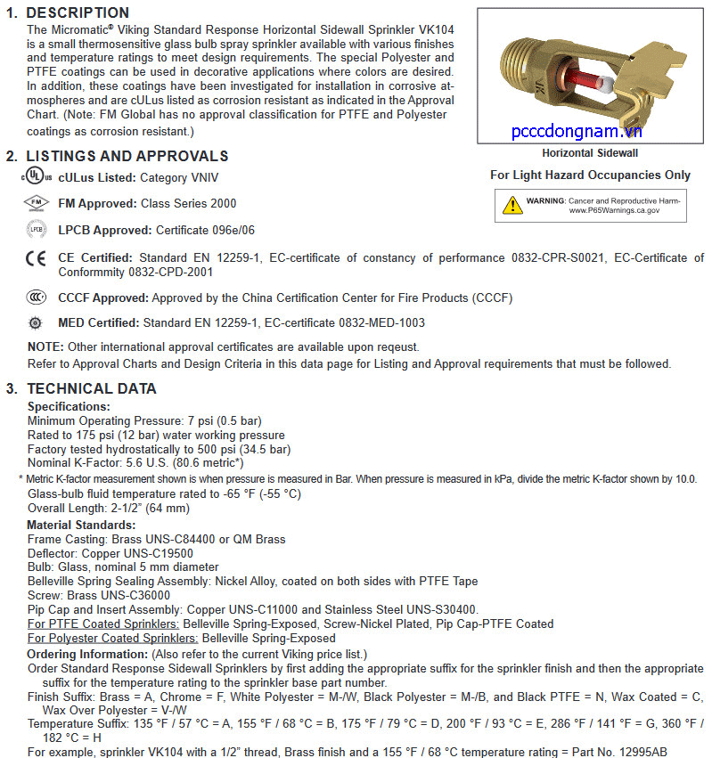 Đầu phun hướng ngang Viking VK104