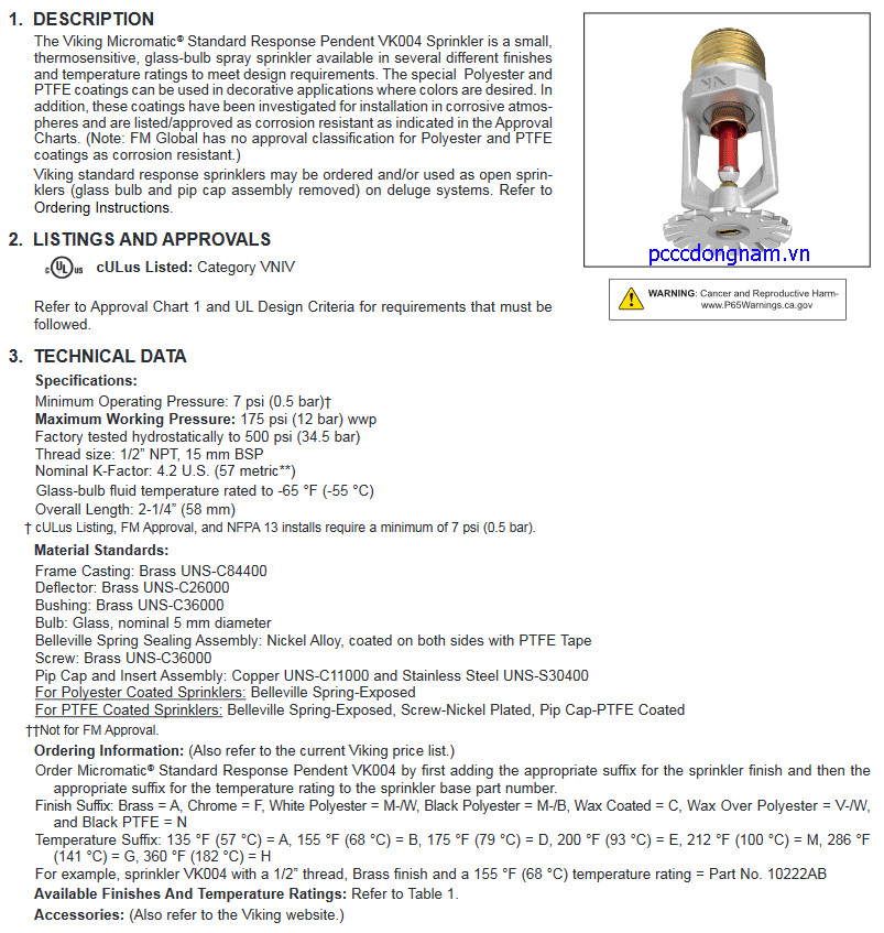 Đầu phun phản ứng tiêu chuẩn độc lập Viking VK004