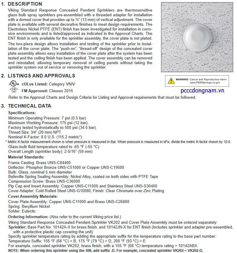 Đầu phun phản ứng tiêu chuẩn che giấu Viking VK202 D