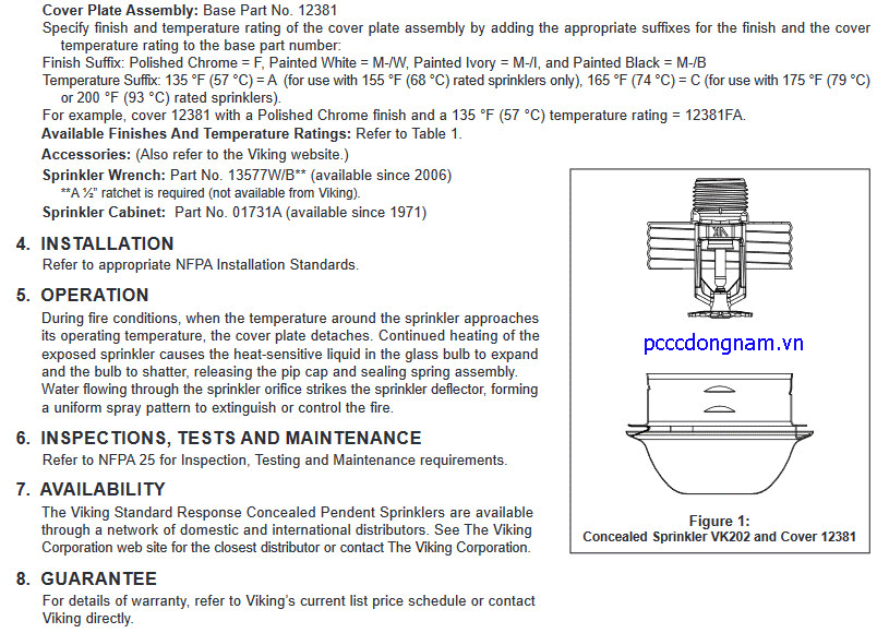 Đầu phun phản ứng tiêu chuẩn che giấu Viking VK202 D