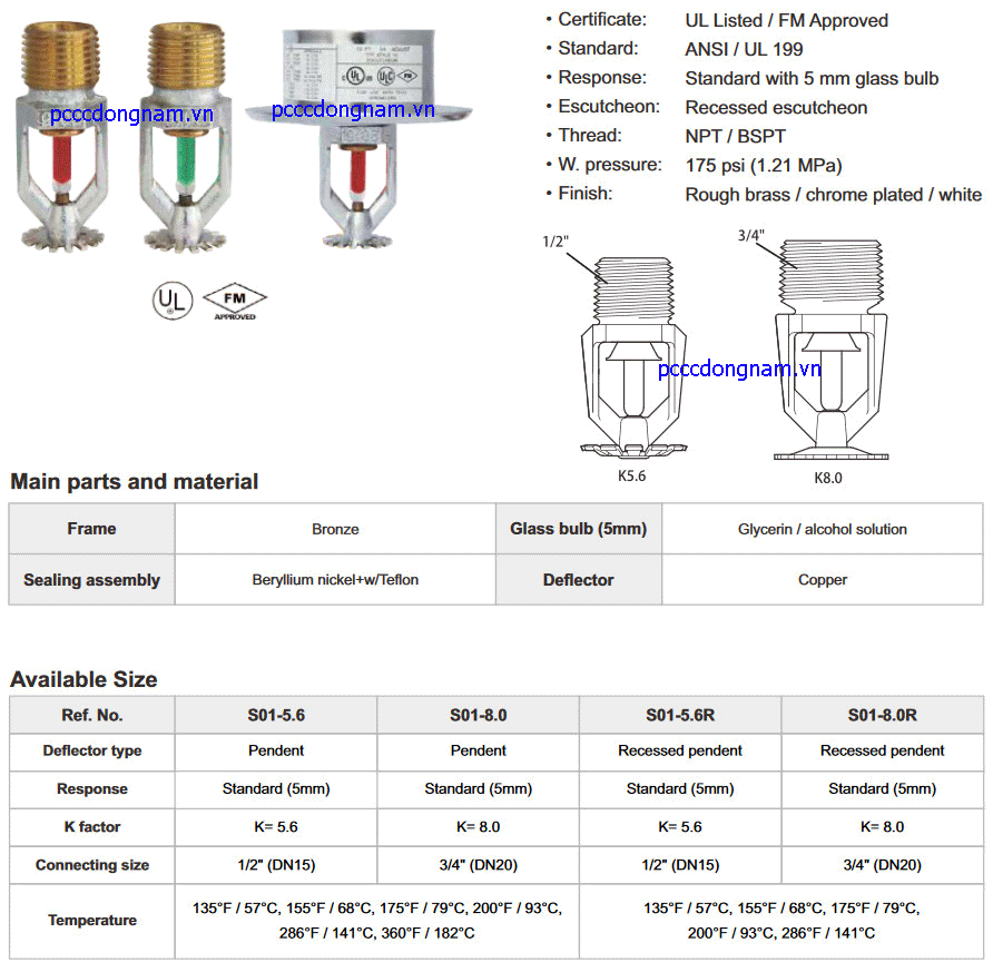 Đầu phun sprinkler hướng xuống (tiêu chuẩn)