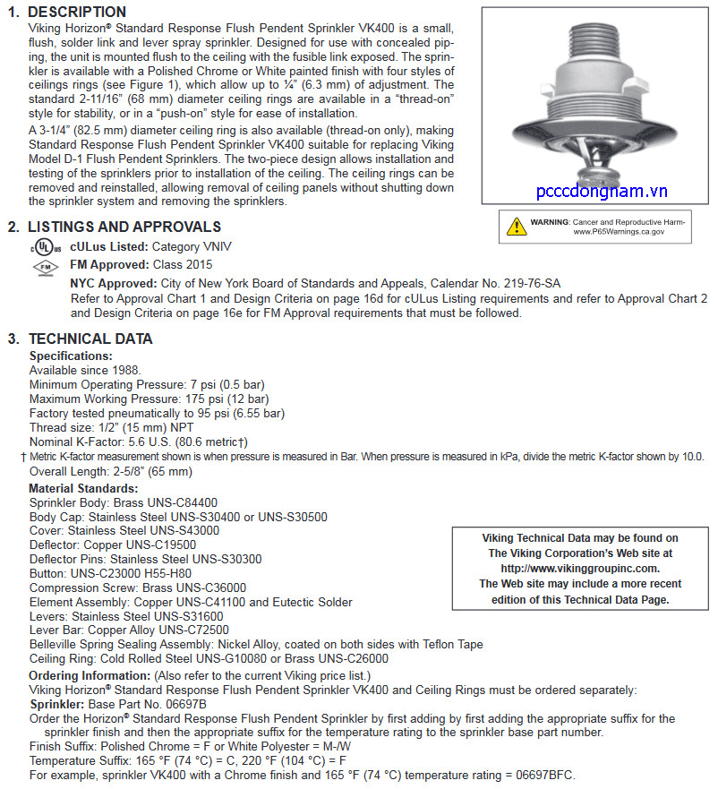 Đầu phun Sprinkler Viking VK400 tiêu chuẩn độc lập Horizon K5.6