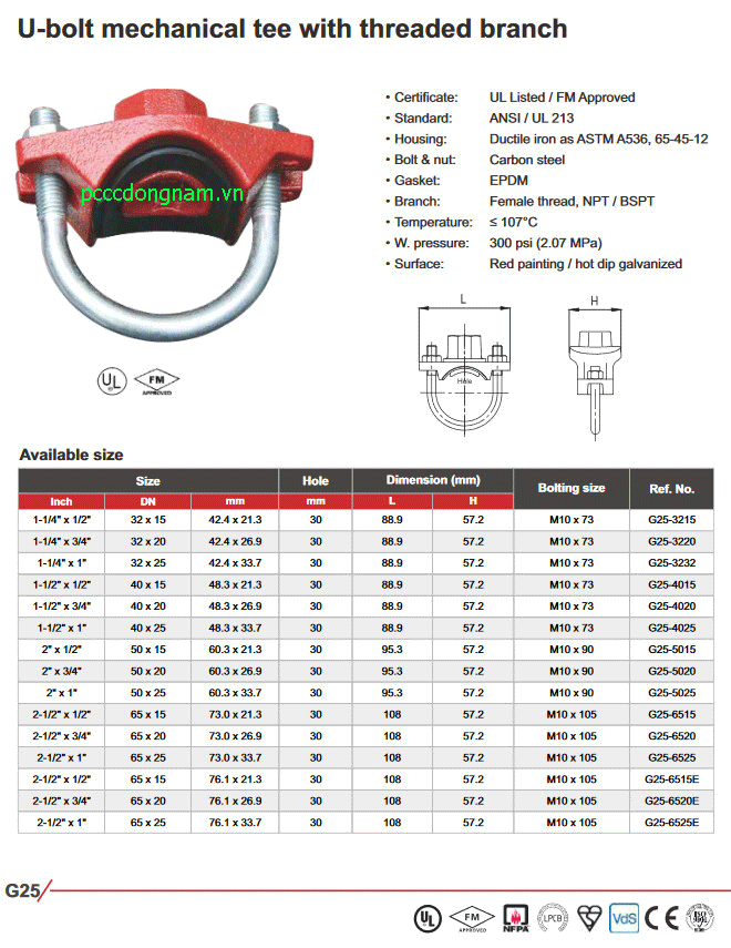 Cùm chữ U nhánh có ren (U-bolt mechanical tee with threaded branch)