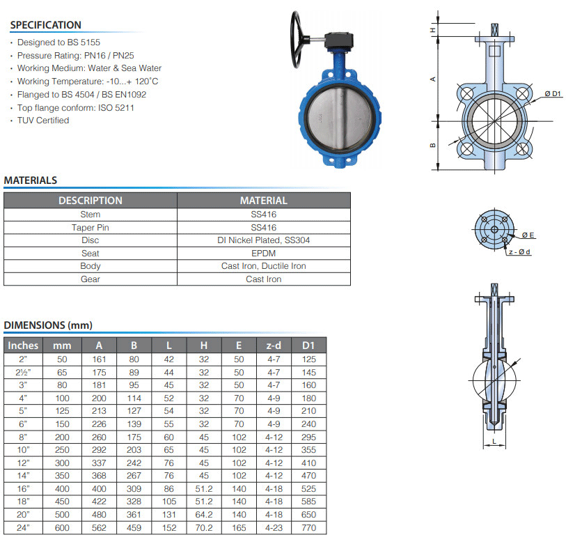 Cấu tạo Van bướm tay quay KVS - 300 (WAFER TYPE BUTTERFLY VALVE GEAR OPERATED)
