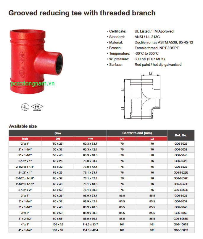 Grooved reducing tee with threaded branch