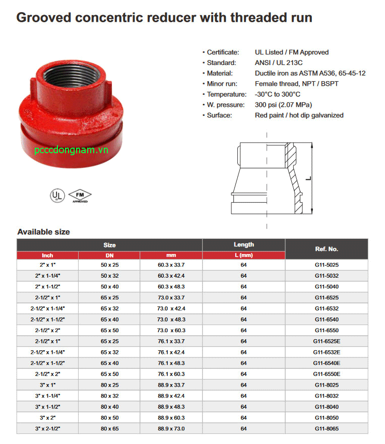Khớp nối ren đồng tâm giảm tốc (Grooved concentric reducer with threaded run)