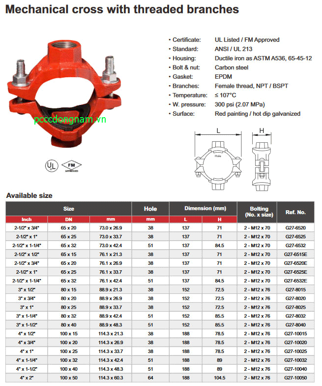Quang nhánh treo ống có ren (Mechanical cross with threaded branches)