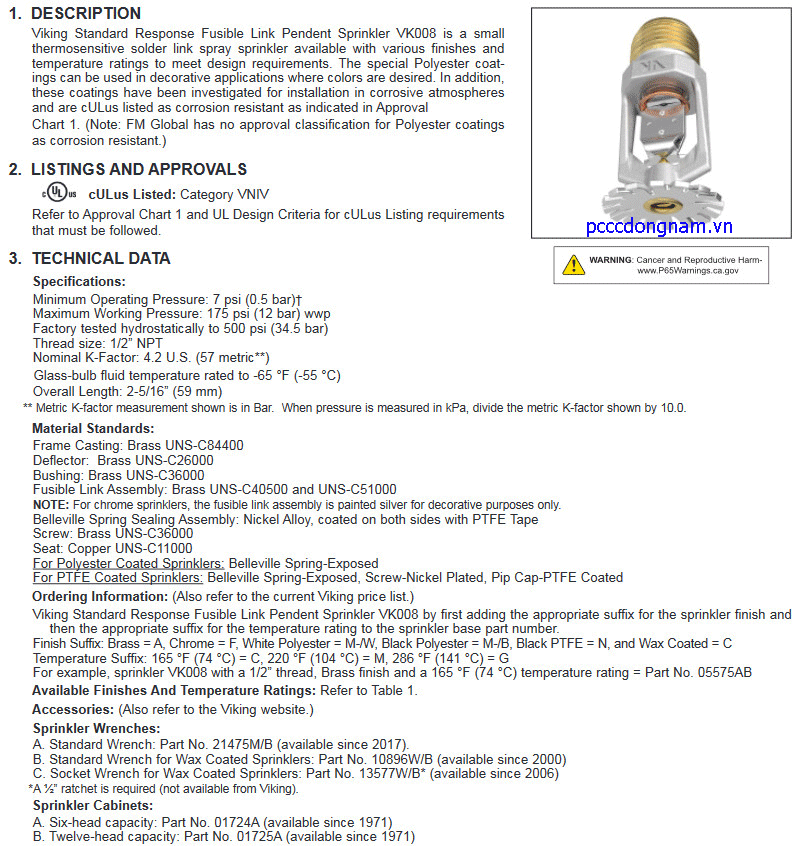 Sprinkler Viking thẳng đứng hướng xuống VK008