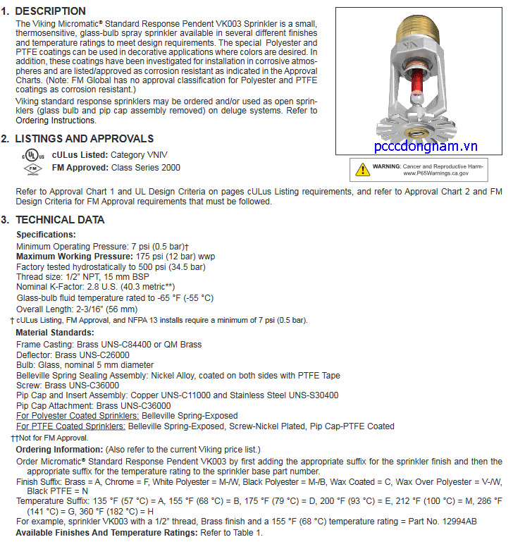 VK003 - Đầu phun Sprinkler Viking Micromatic(K2.8)