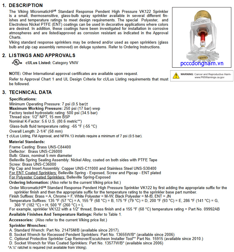 VK122, Đầu phun chữa cháy Viking áp suất cao tiêu chuẩn K5.6