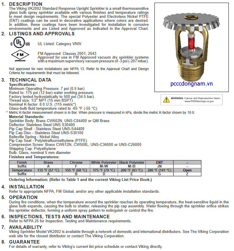 VK2002 - Đầu phun Sprinkler phản ứng tiêu chuẩn (K8.0)