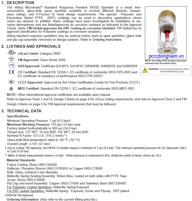 VK202, Đầu phun chữa cháy Viking tiêu chuẩn Micromatic (K8.0)