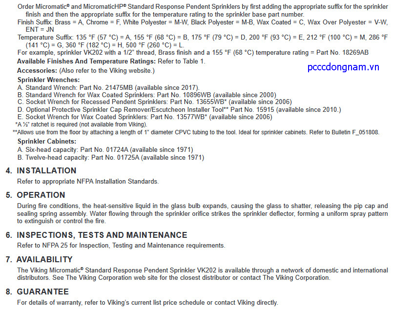 VK202, Đầu phun chữa cháy Viking tiêu chuẩn Micromatic (K8.0)