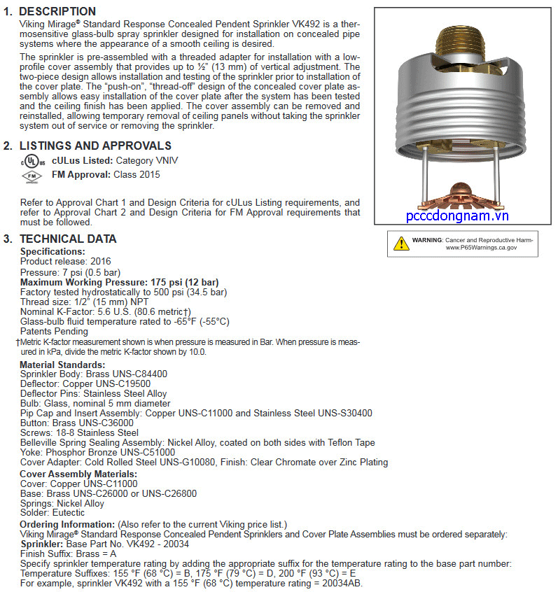 VK492 Đầu phun nước Viking phản ứng tiêu chuẩn che giấu k5.6