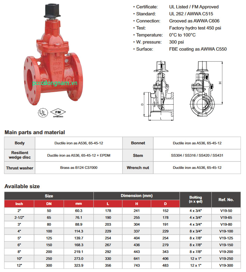 Van cổng, gate valve, van cổng mặt bích ty chìm núm NRS